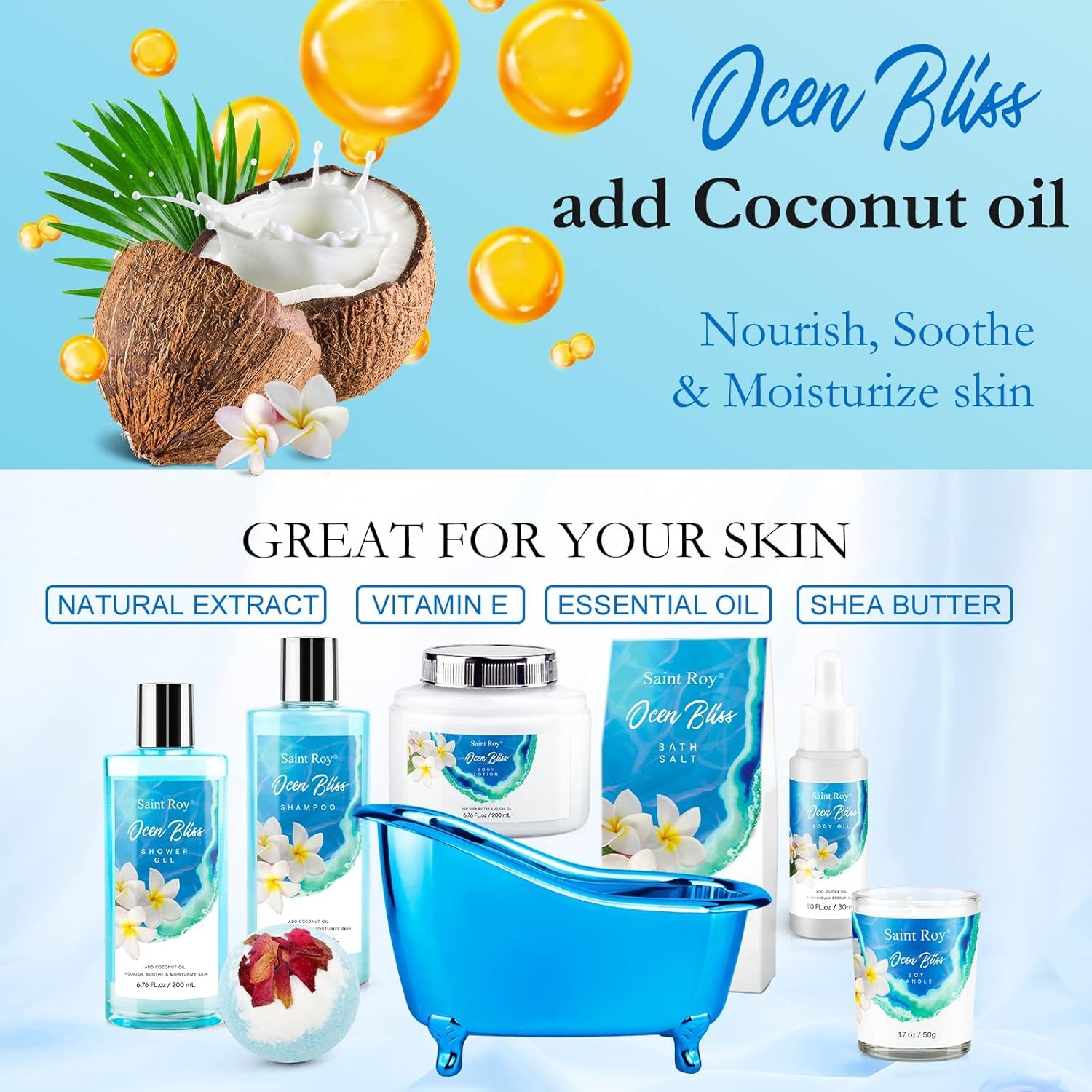 Father'S Day Gifts for Women & Men Bath & Body Gift Set, Bath Basket Spa Kit Gifts for Her Him Birthday Gift, Self-Care Home Spa Kit, 8Pcs Christmas Gift for Women Ocean Vanilla, Spa Gift Baskets