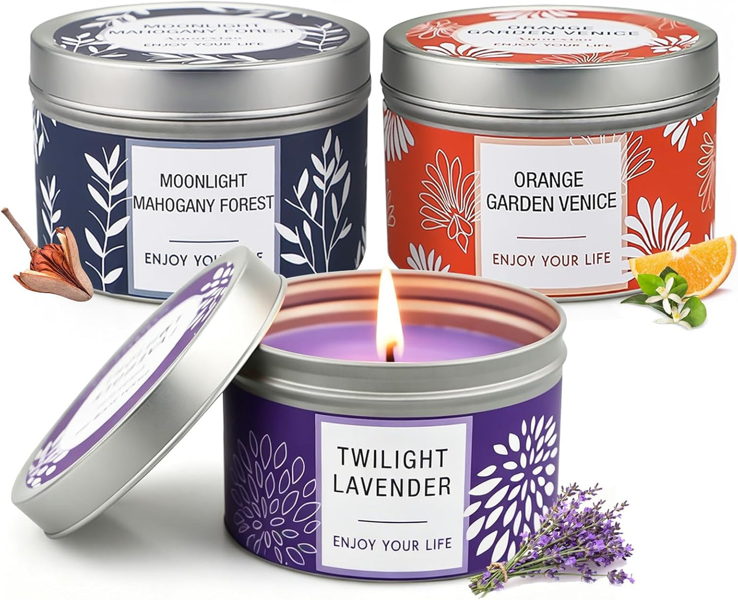 Scented Candle Gift Set for Women, 3 Pack Large Soy Wax Candles in Tins, 6.2 Oz Each, 30-35 Hr Burn, Lavender, Orange Blossom & Mahogany Woods