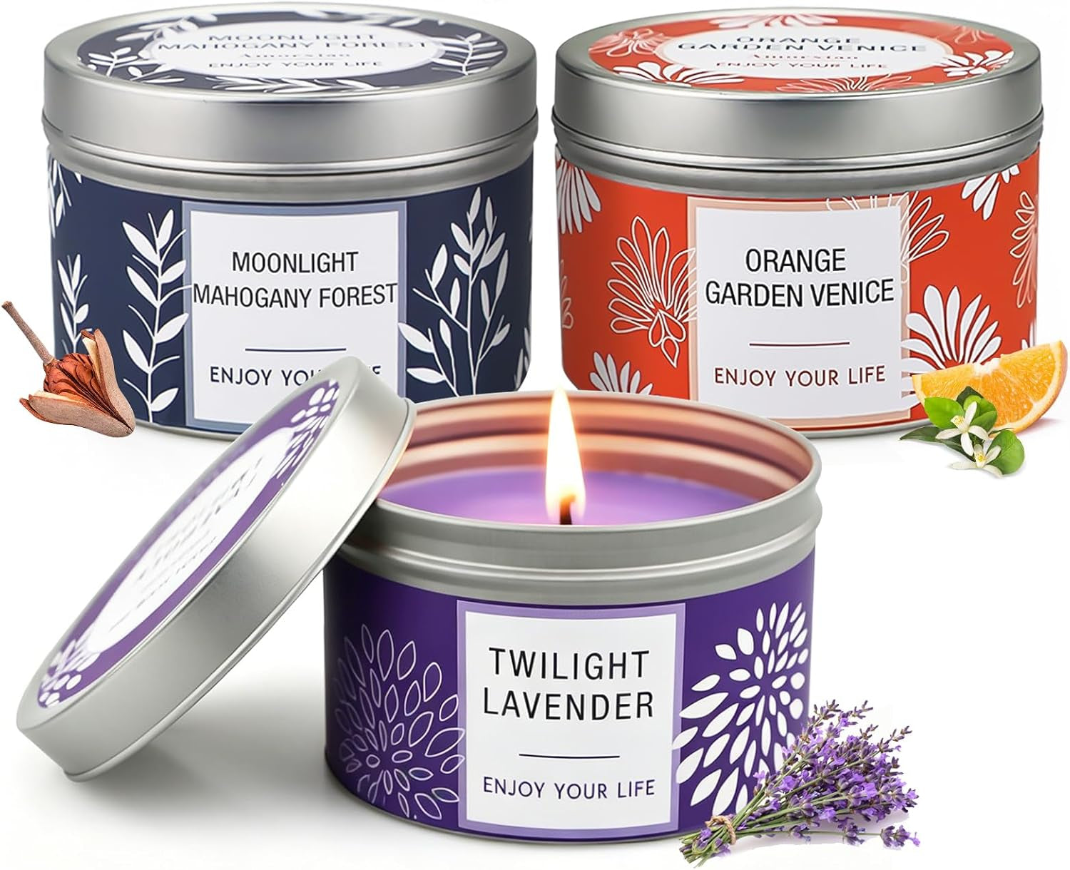 Scented Candle Gift Set for Women, 3 Pack Large Soy Wax Candles in Tins, 6.2 Oz Each, 30-35 Hr Burn, Lavender, Orange Blossom & Mahogany Woods
