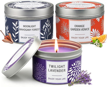 Scented Candle Gift Set for Women, 3 Pack Large Soy Wax Candles in Tins, 6.2 Oz Each, 30-35 Hr Burn, Lavender, Orange Blossom & Mahogany Woods