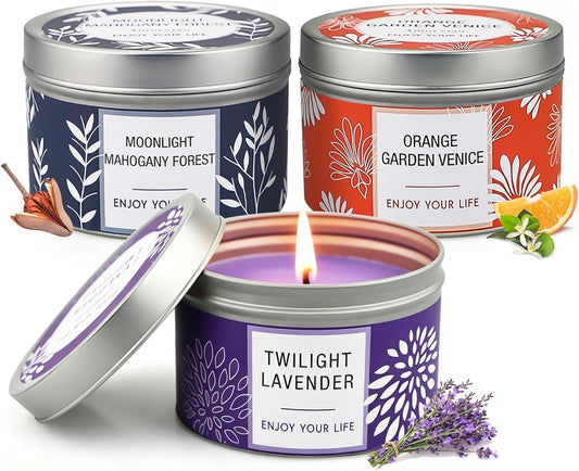 Scented Candle Gift Set for Women, 3 Pack Large Soy Wax Candles in Tins, 6.2 Oz Each, 30-35 Hr Burn, Lavender, Orange Blossom & Mahogany Woods