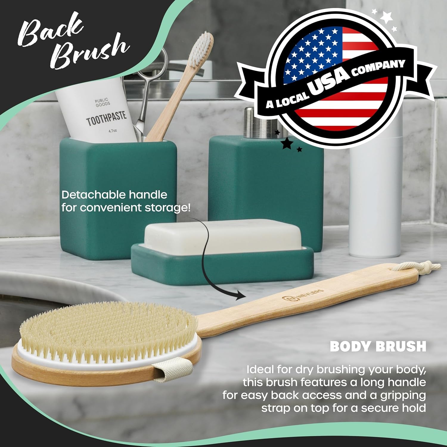 Natural Boar Bristle Dry Brush for Body Massage 5-Piece Set | Detachable Long Wooden Handled Back Scrubber for Shower , Body Scrubber Exfoliator , Face Brush , Manicure Tool & Travel Bag