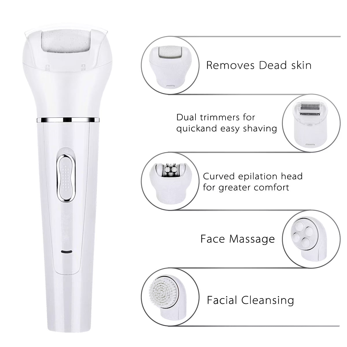 5-In-1 Electric Callus Remover Pedicure Buffer, Lady Shaver, Epilator, Facial Cleansing Brush & Face Massage - Wet & Dry