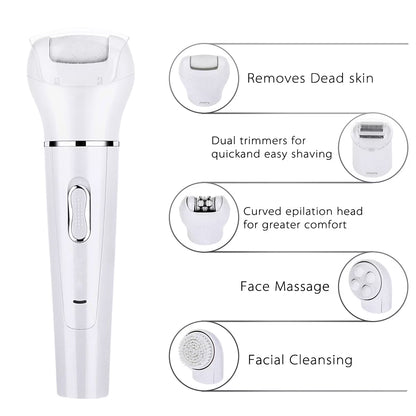 5-In-1 Electric Callus Remover Pedicure Buffer, Lady Shaver, Epilator, Facial Cleansing Brush & Face Massage - Wet & Dry