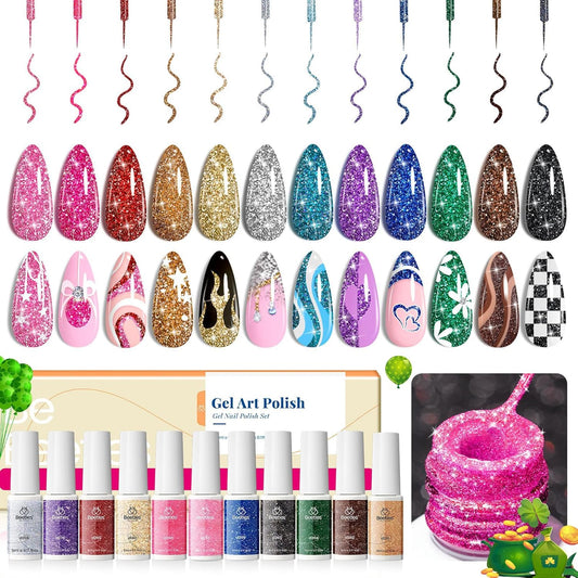 Beetles Nail Art Gel Liner Polish 12 Colors Reflective Glitter Gel Nail Polish, Gold Silver Pink Blue Purple Brown Black Kit Soak off Uv Nail Art Design Set Summer Manicure Gifts for Women