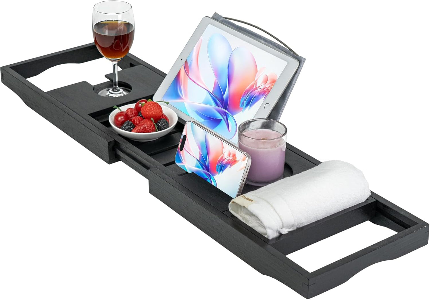 Bamboo Bathtub Caddy Tray Bath Tray for Tub, Adjustable Bathroom Bathtub Organizer with Book Tablet Wine Glass Cup Towel Holder
