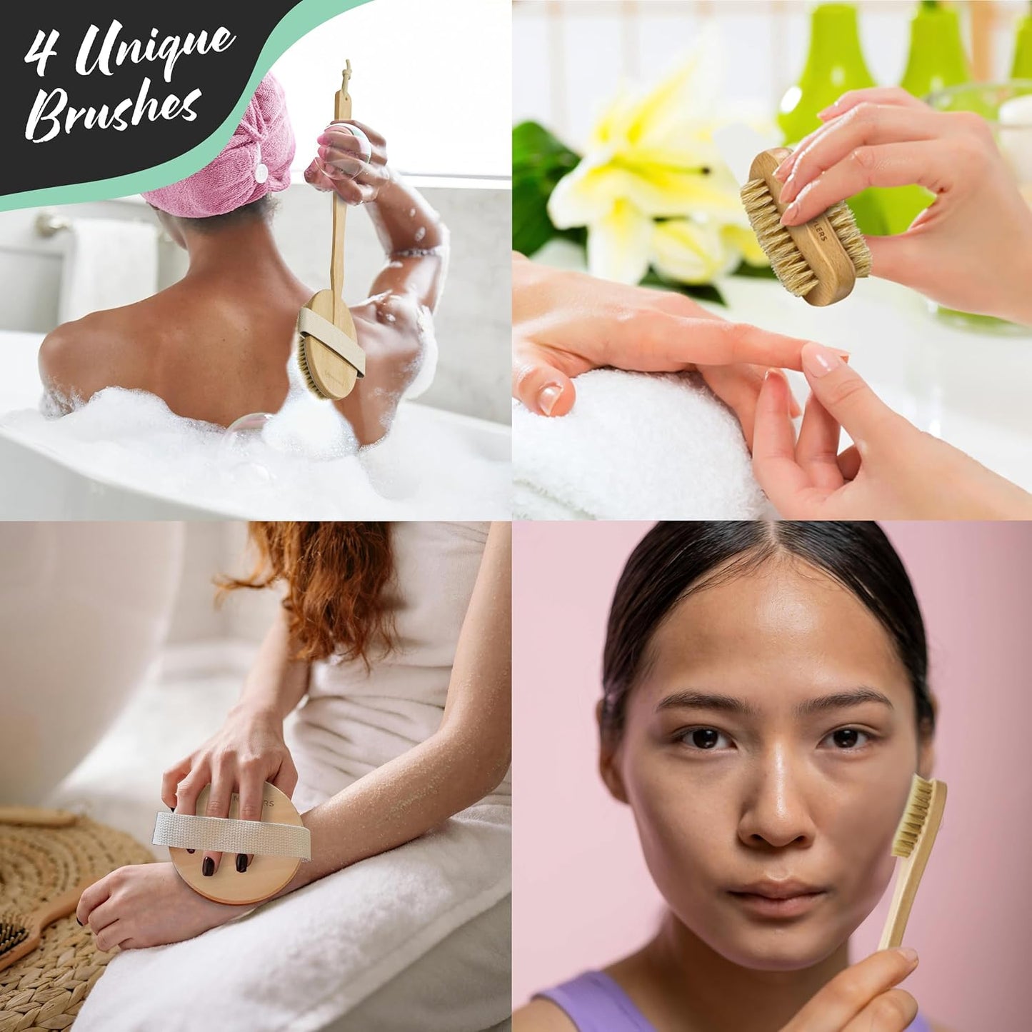 Natural Boar Bristle Dry Brush for Body Massage 5-Piece Set | Detachable Long Wooden Handled Back Scrubber for Shower , Body Scrubber Exfoliator , Face Brush , Manicure Tool & Travel Bag