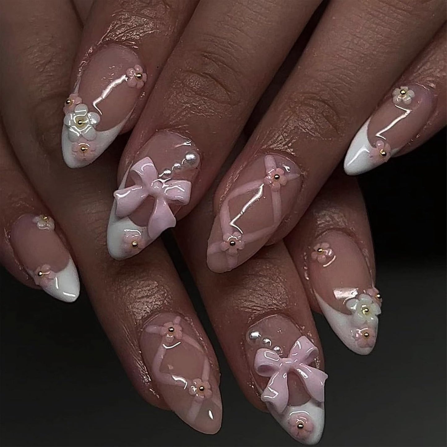 Black Press on Nails Medium Almond Fake Nails Matte False Nails Press Ons with Designs French Tip Acrylic Full Cover Glue on Nails Halloween Stick on Nail for Women Manicure 24 Pcs