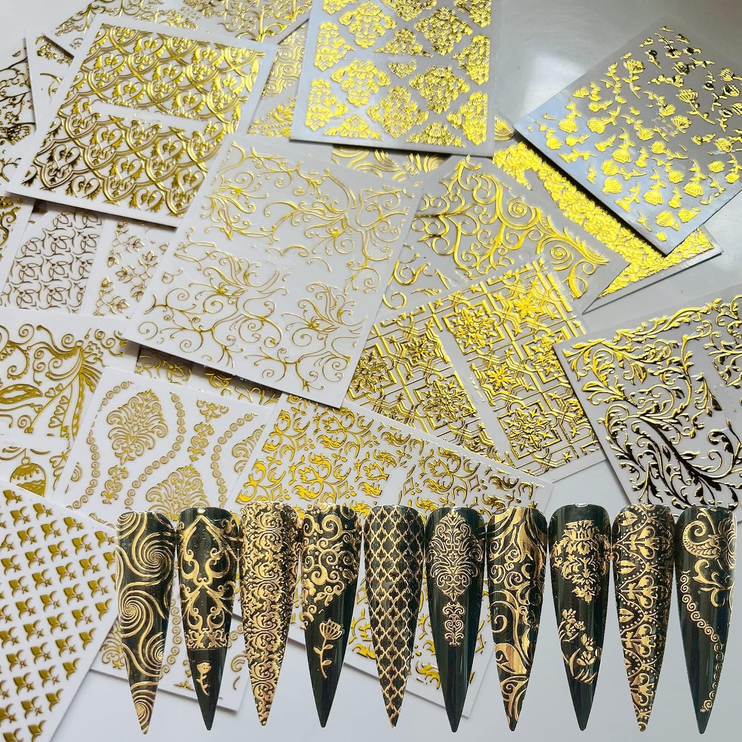 26Sheets Nail Art Adhesive Sticker Sheets Different Gold Color Luxury Shapes Sticker Nail Art Deco 10300