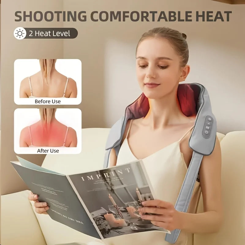Neck Shoulder Massager, Shiatsu Heat Kneading, Hands-Free Wireless Rechargeable for Knots, Home Office Travel, Gift Mom Dad