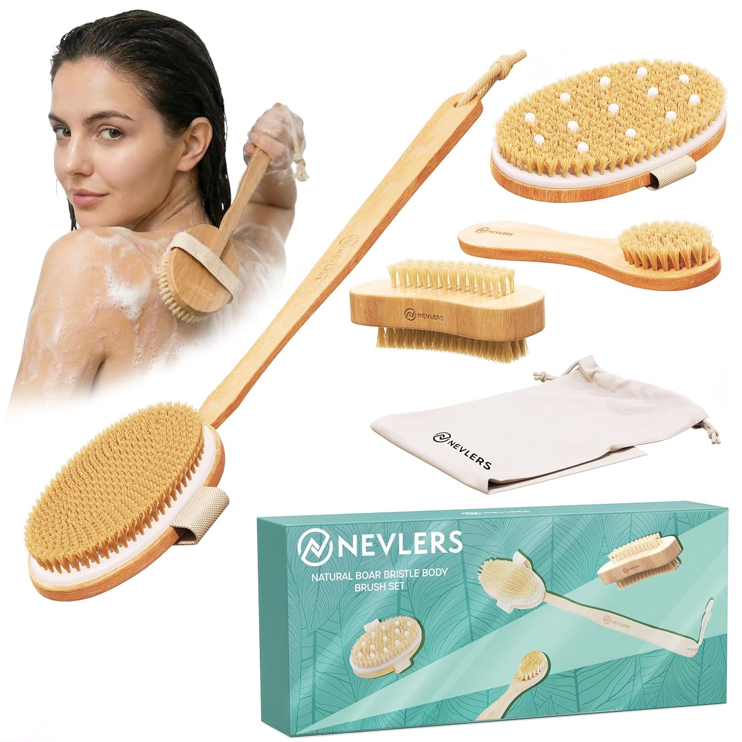 Natural Boar Bristle Dry Brush for Body Massage 5-Piece Set | Detachable Long Wooden Handled Back Scrubber for Shower , Body Scrubber Exfoliator , Face Brush , Manicure Tool & Travel Bag