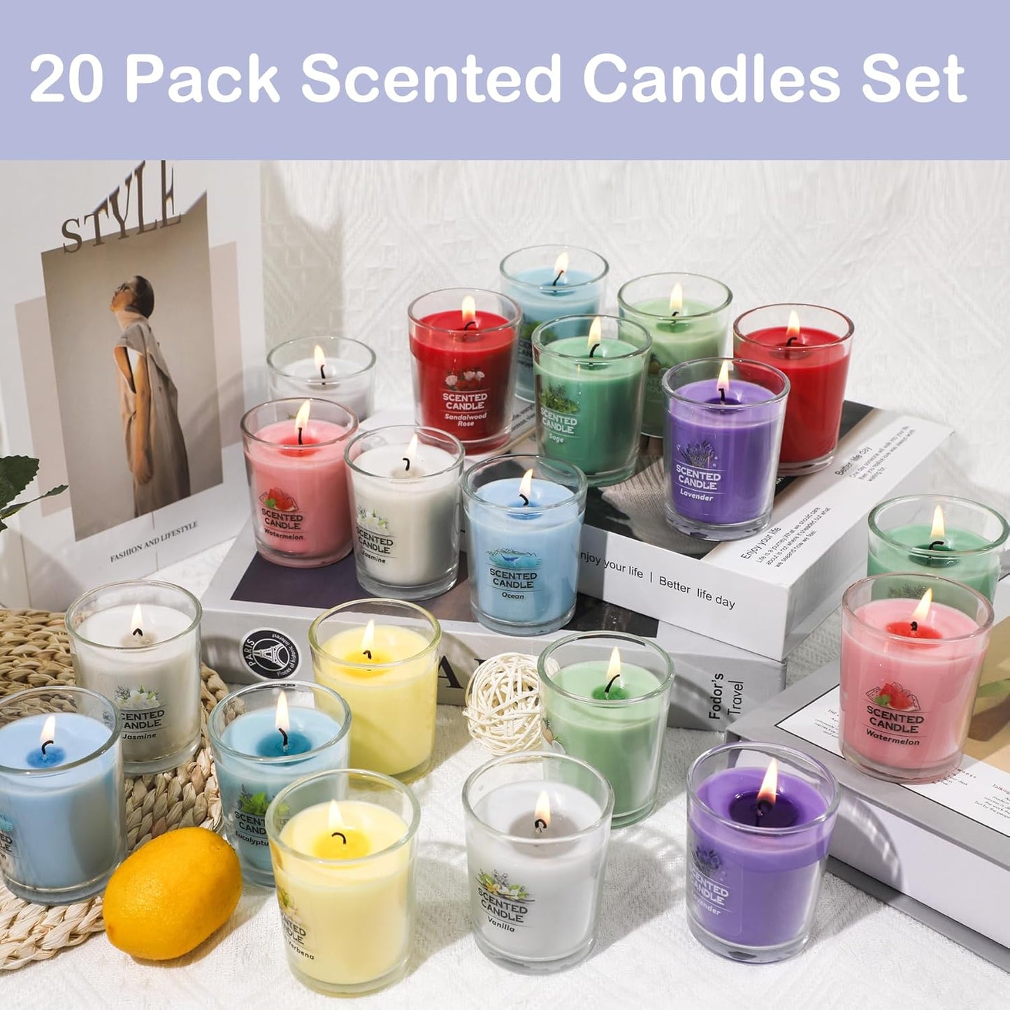 20 Pack Scented Candles Gift Set with 10 Fragrances for Home Women Candles Bulk Clear Glass Filled Votive Candles Soy Wax Glass Jar Candle for Aromatherapy Spa Weddings Birthdays Holidays Party
