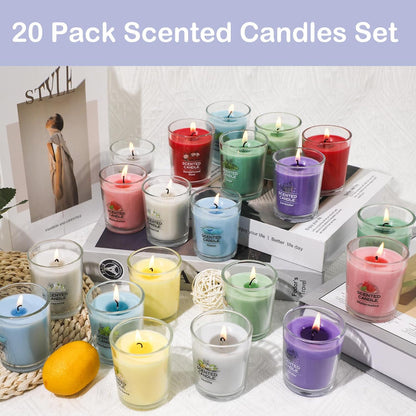 20 Pack Scented Candles Gift Set with 10 Fragrances for Home Women Candles Bulk Clear Glass Filled Votive Candles Soy Wax Glass Jar Candle for Aromatherapy Spa Weddings Birthdays Holidays Party