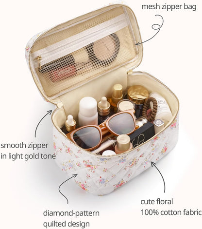 Floral Quilted Makeup Bag Set of 3 Piece, Cute Travel Makeup Bags Coquette White Flower Cosmetic Pouch, Aesthetic Cotton Quilt Cloth Toiletry Traveling Bag for Women, Girls