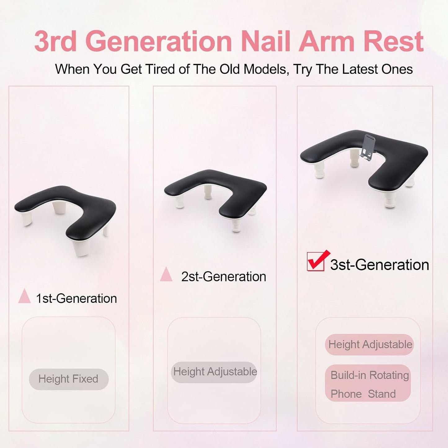 Big Arm Rest for Nails Tech with Nail Mat and Rotating Phone Holder: 3Nd Generation U-Shaped Manicure Nail Arm Rest Stand Height Adjustable Armrest for Acrylic Nails(Black)