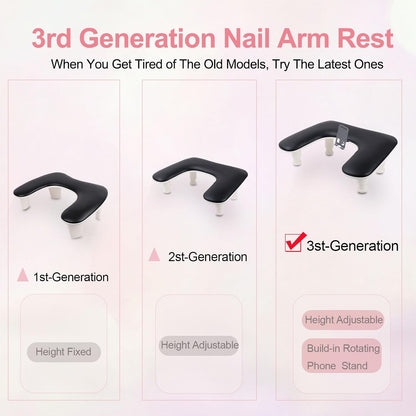 Big Arm Rest for Nails Tech with Nail Mat and Rotating Phone Holder: 3Nd Generation U-Shaped Manicure Nail Arm Rest Stand Height Adjustable Armrest for Acrylic Nails(Black)