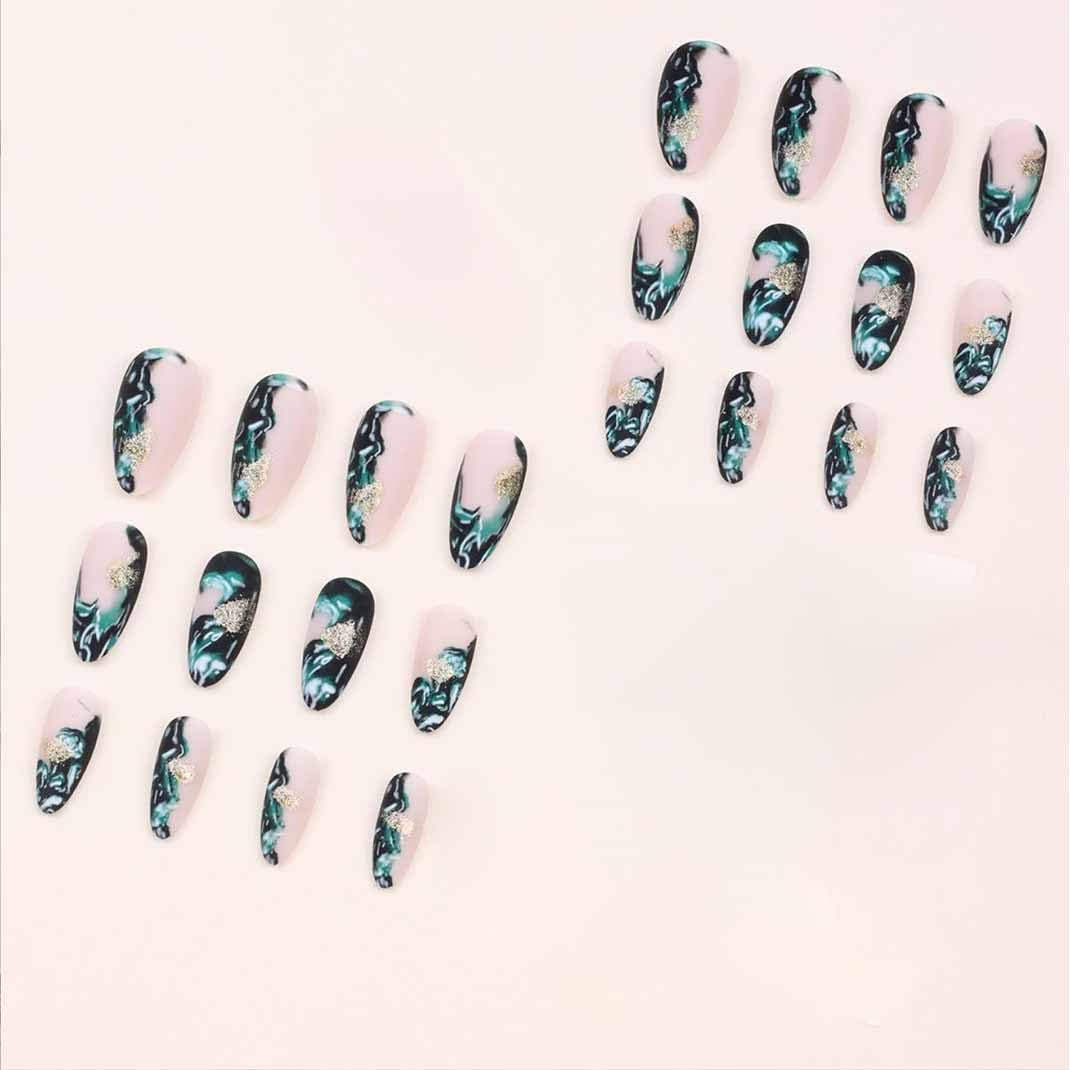 Almond Press-On Nails | Glossy Nude & Black Full Cover False Nails | 24-Piece Reusable Nail Set