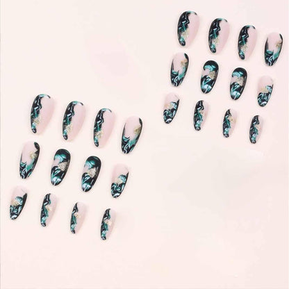 Almond Press-On Nails | Glossy Nude & Black Full Cover False Nails | 24-Piece Reusable Nail Set