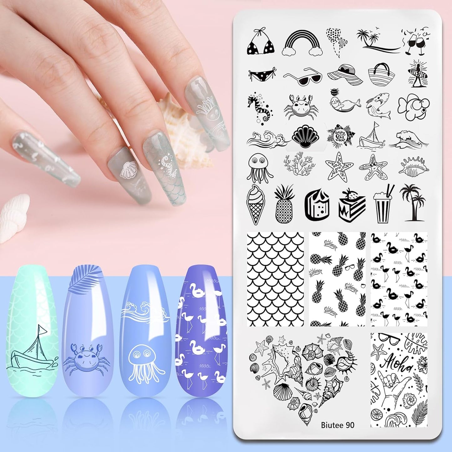 Nail Art Stamping Plates Set 10PCS French Line Stamp Templates, Nail Stamping Kit with Silicone Nail Stamper for DIY Print Manicure Salon Design Gift in Home