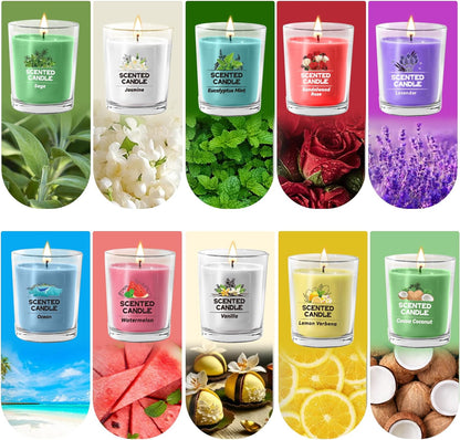 20 Pack Scented Candles Gift Set with 10 Fragrances for Home Women Candles Bulk Clear Glass Filled Votive Candles Soy Wax Glass Jar Candle for Aromatherapy Spa Weddings Birthdays Holidays Party