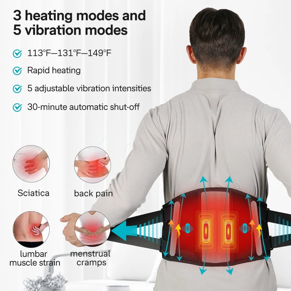 Cordless Heating Pad for Back Pain Relief, 67'' Lower Back Massager with Heat - Rechargeable Portable Heating Pad for Back Support, 3 Heating Levels & 5 Massage Modes, Gifts (Black)