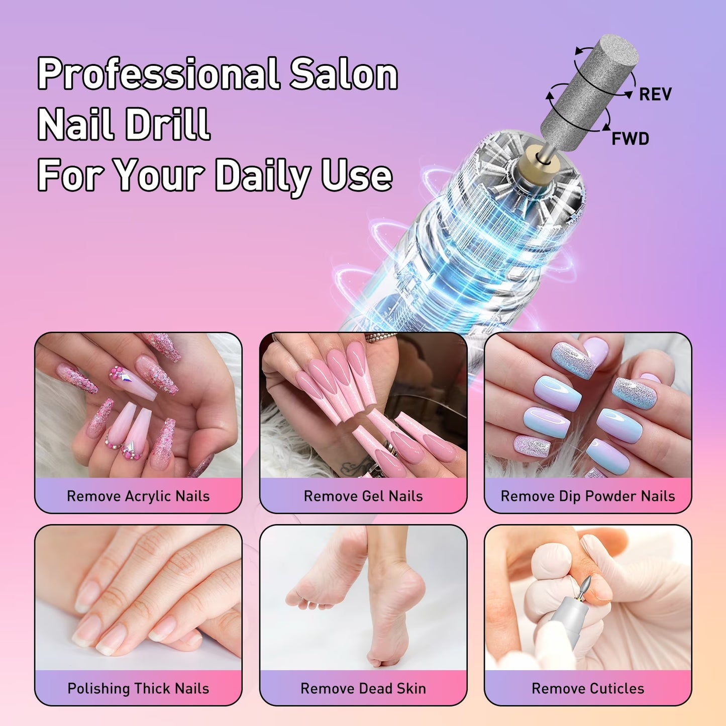Electric Nail Drill Kit, Professional Cordless Nail Drill Nail File Manicure for Acrylic Gel Dip Powder Nails