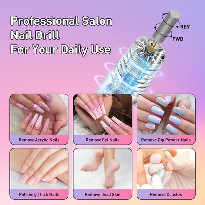 Electric Nail Drill Kit, Professional Cordless Nail Drill Nail File Manicure for Acrylic Gel Dip Powder Nails