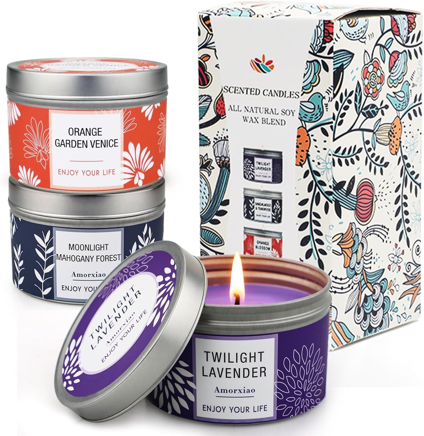 Scented Candle Gift Set for Women, 3 Pack Large Soy Wax Candles in Tins, 6.2 Oz Each, 30-35 Hr Burn, Lavender, Orange Blossom & Mahogany Woods