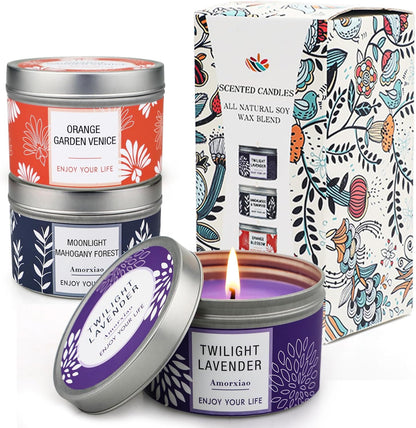 Scented Candle Gift Set for Women, 3 Pack Large Soy Wax Candles in Tins, 6.2 Oz Each, 30-35 Hr Burn, Lavender, Orange Blossom & Mahogany Woods