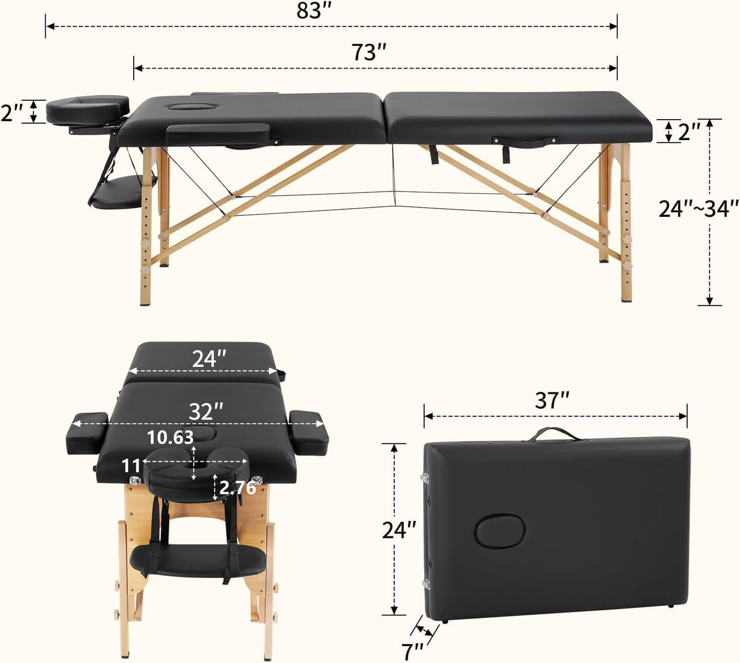 Portable Massage Table | Adjustable Spa Bed with Carry Bag for Massage, Facials, Lash & Tattoo