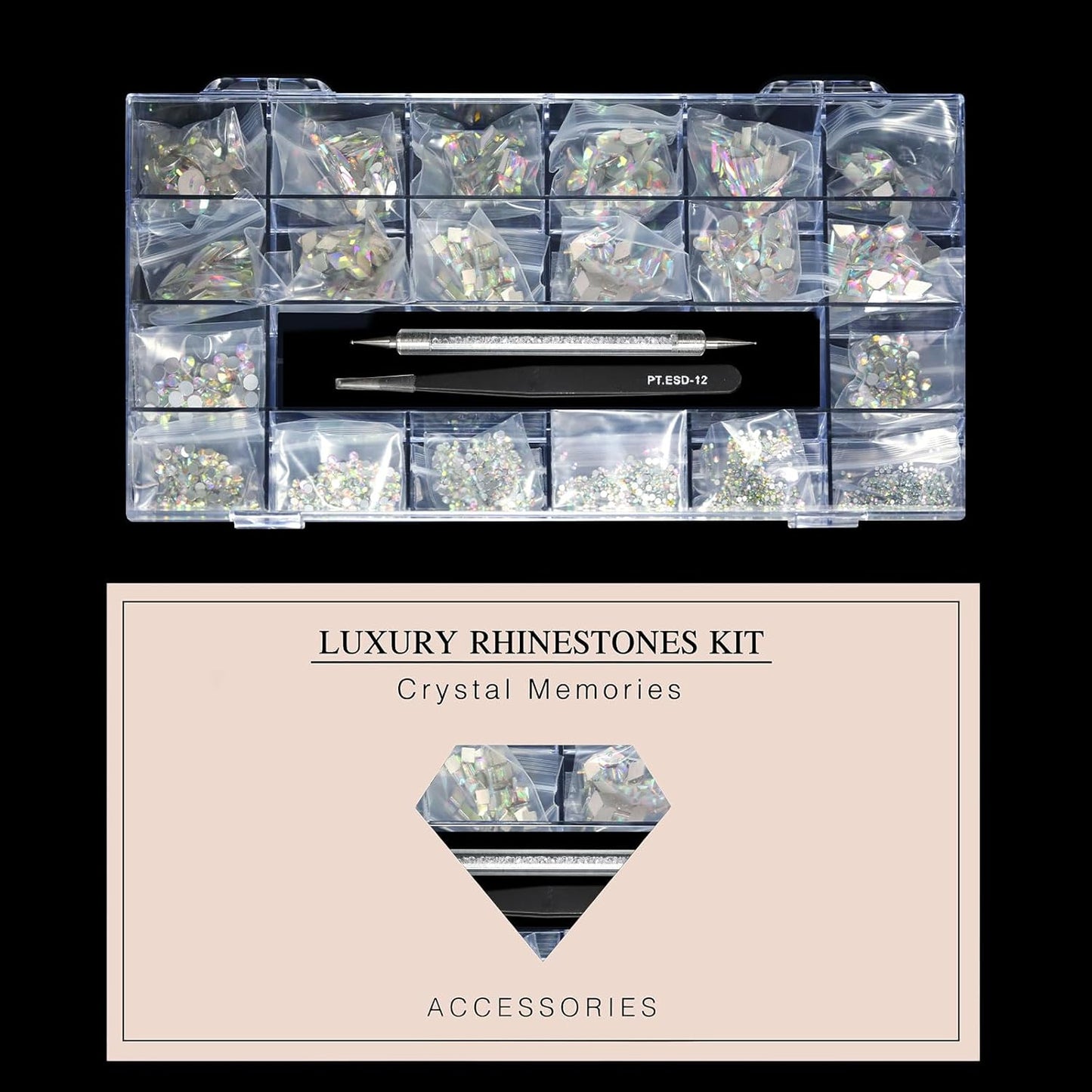 12 Types of 600 Crystal AB Diamonds + 2500 Flat Rhinestones Mix 20 Styles Flatback DIY Crafts Rhinestone Crystals 3D Ornaments Flat Back Stones Set + Tweezers + Drill Pen