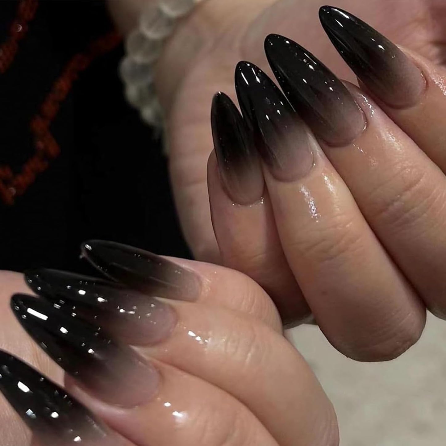 Black Press on Nails Medium Almond Fake Nails Matte False Nails Press Ons with Designs French Tip Acrylic Full Cover Glue on Nails Halloween Stick on Nail for Women Manicure 24 Pcs
