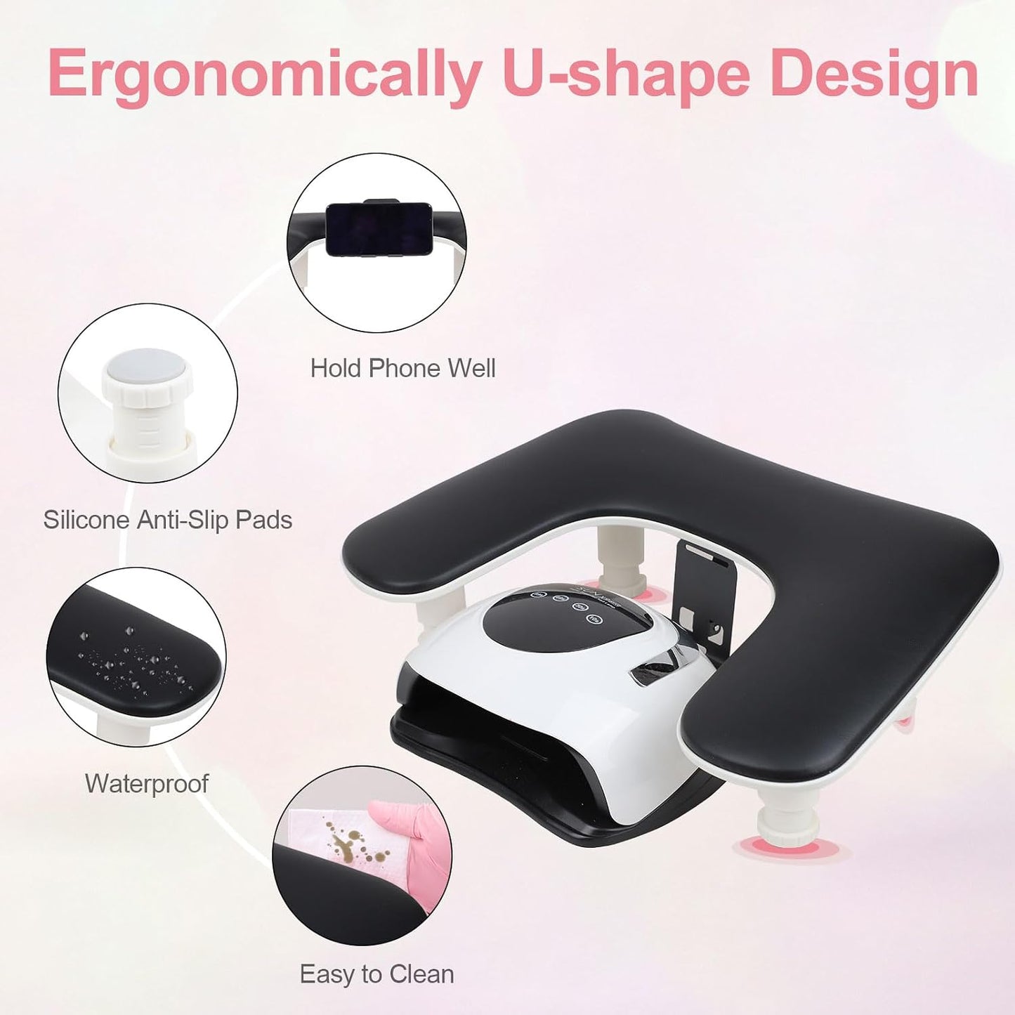 Big Arm Rest for Nails Tech with Nail Mat and Rotating Phone Holder: 3Nd Generation U-Shaped Manicure Nail Arm Rest Stand Height Adjustable Armrest for Acrylic Nails(Black)