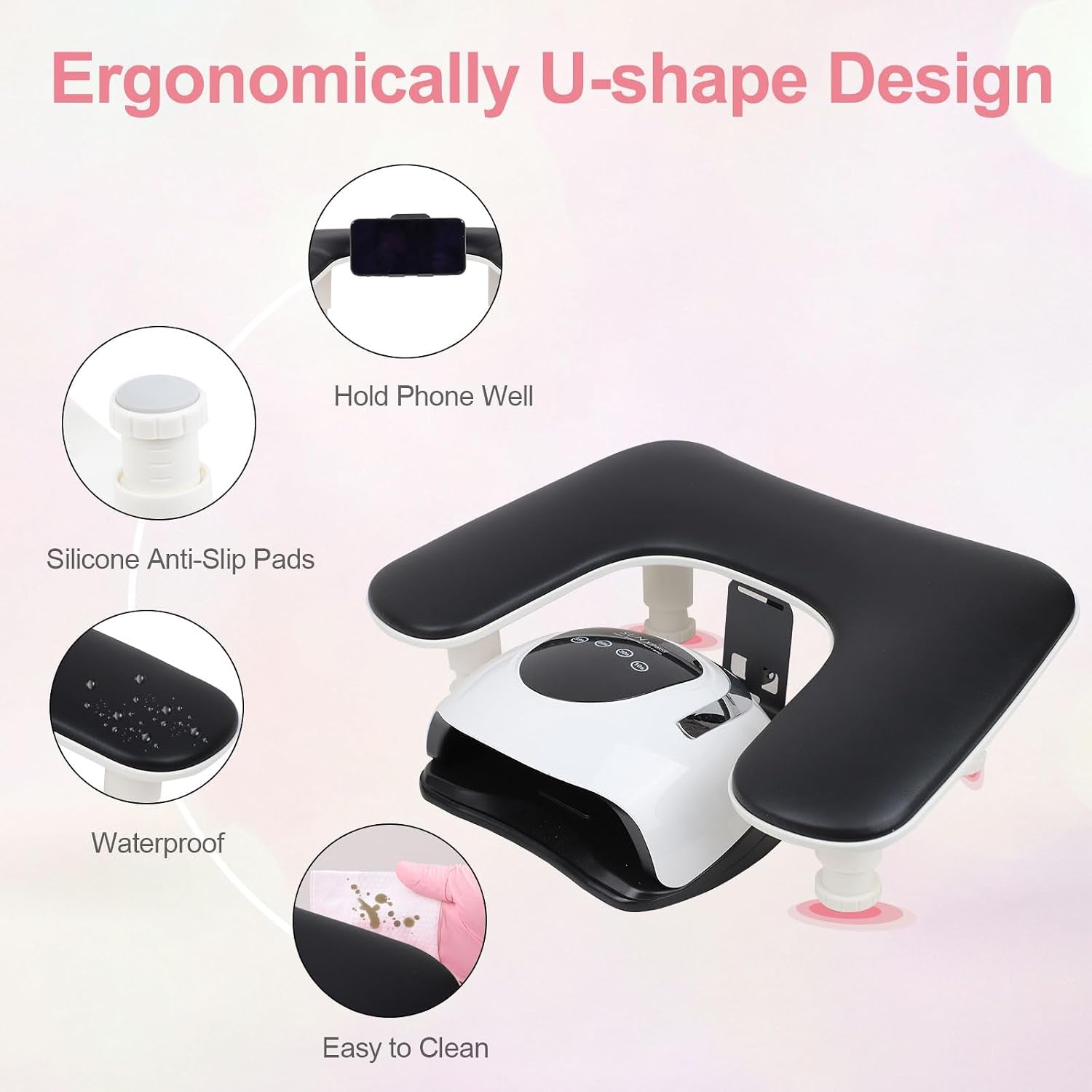 Big Arm Rest for Nails Tech with Nail Mat and Rotating Phone Holder: 3Nd Generation U-Shaped Manicure Nail Arm Rest Stand Height Adjustable Armrest for Acrylic Nails(Black)