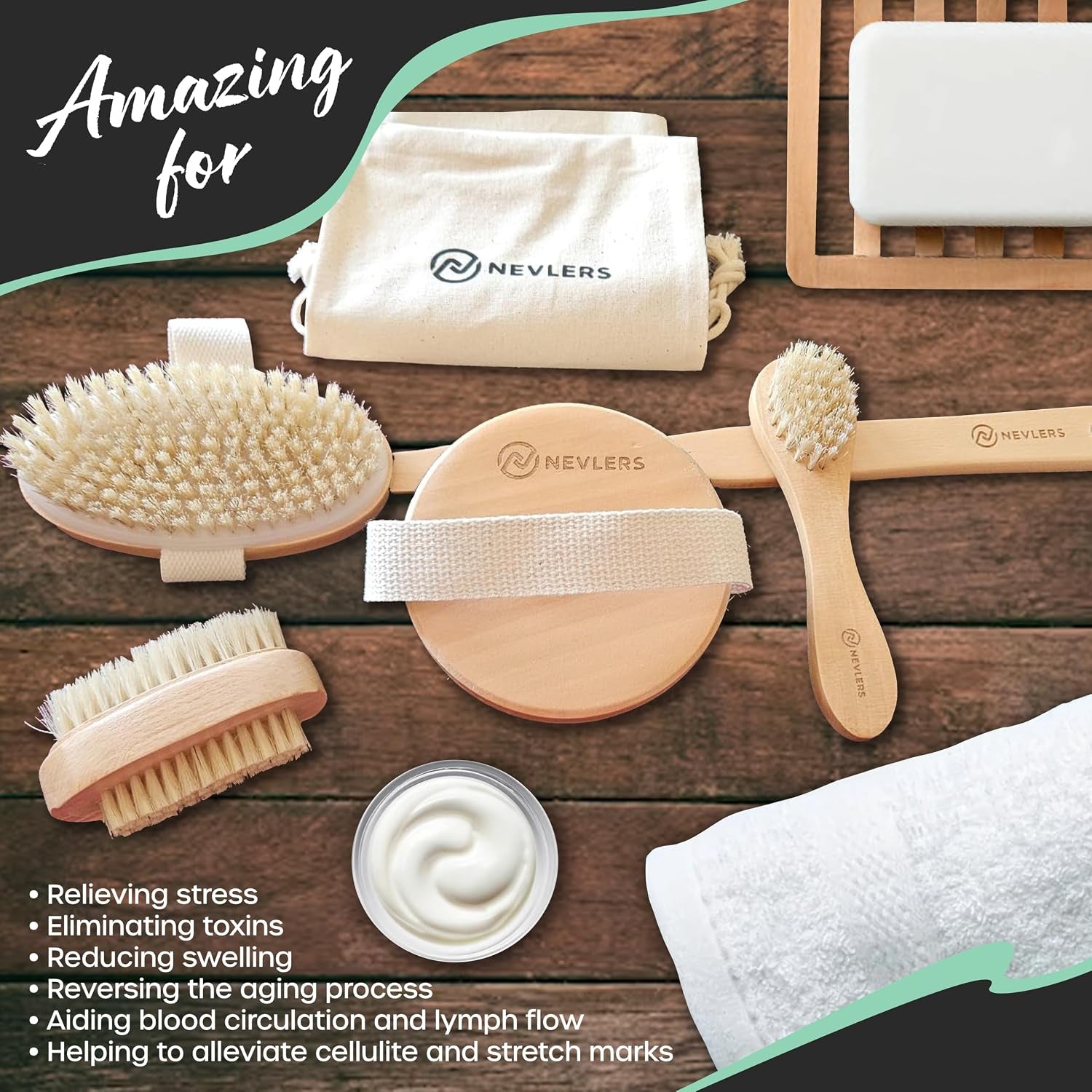 Natural Boar Bristle Dry Brush for Body Massage 5-Piece Set | Detachable Long Wooden Handled Back Scrubber for Shower , Body Scrubber Exfoliator , Face Brush , Manicure Tool & Travel Bag