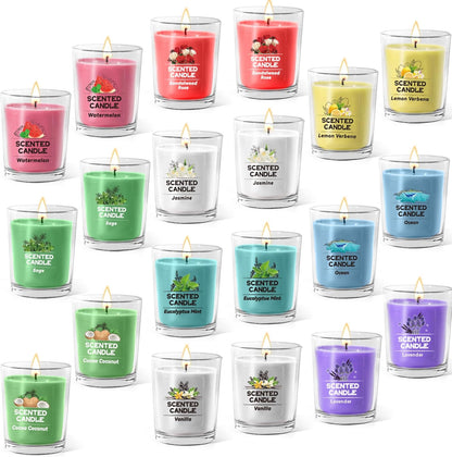 20 Pack Scented Candles Gift Set with 10 Fragrances for Home Women Candles Bulk Clear Glass Filled Votive Candles Soy Wax Glass Jar Candle for Aromatherapy Spa Weddings Birthdays Holidays Party