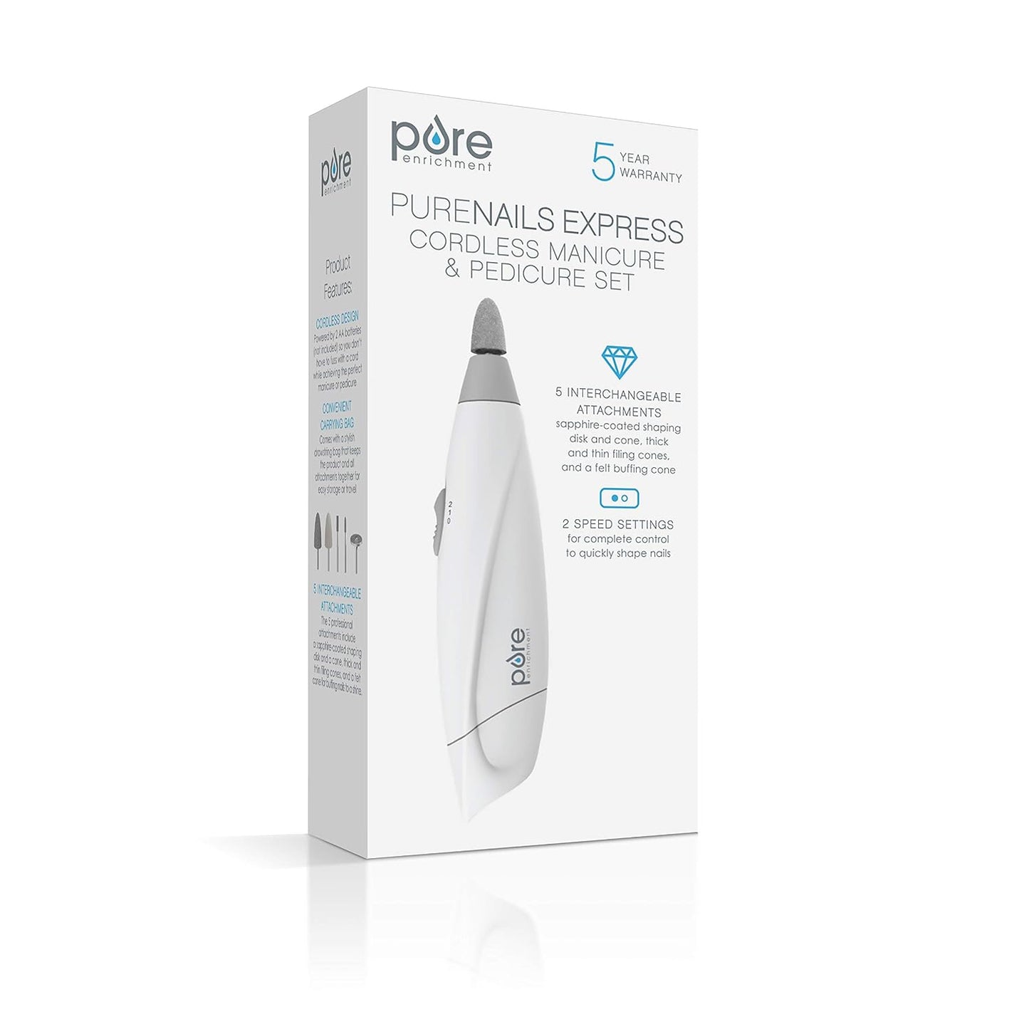 Pure Enrichment Purenails Express Cordless Manicure and Pedicure System - Portable, Battery-Powered Nail File with 5 Interchangeable Attachments, 2 Speeds and Storage Bag - Ideal for Travel & Home