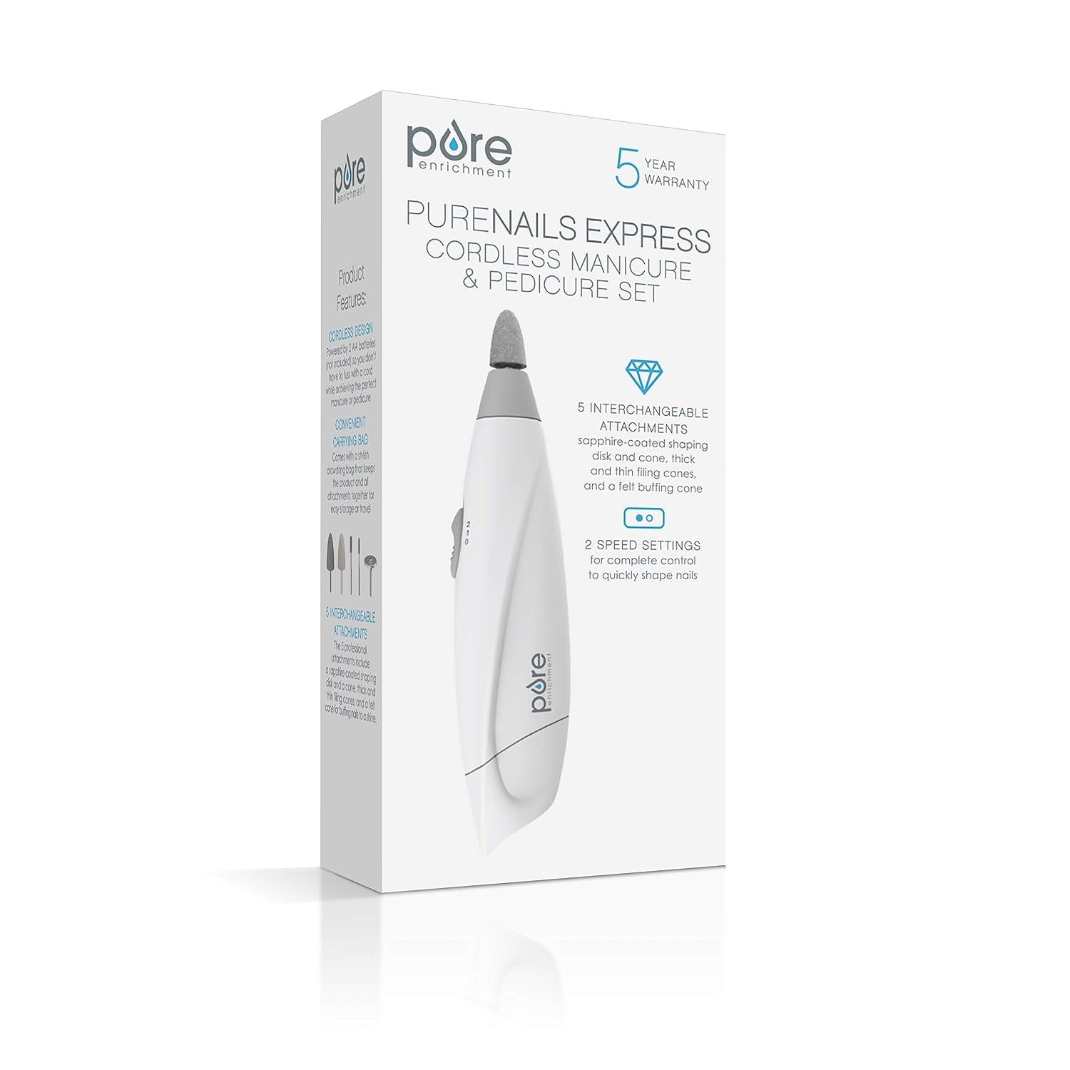 Pure Enrichment Purenails Express Cordless Manicure and Pedicure System - Portable, Battery-Powered Nail File with 5 Interchangeable Attachments, 2 Speeds and Storage Bag - Ideal for Travel & Home