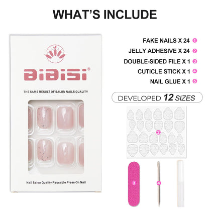 Short Press on Nails Square Clear Light Pink Glitter Design Acrylic Gel Fake Nails Kit with Glue, Fall Press on Nails Natural Fit Nail Art Kit 24Pcs