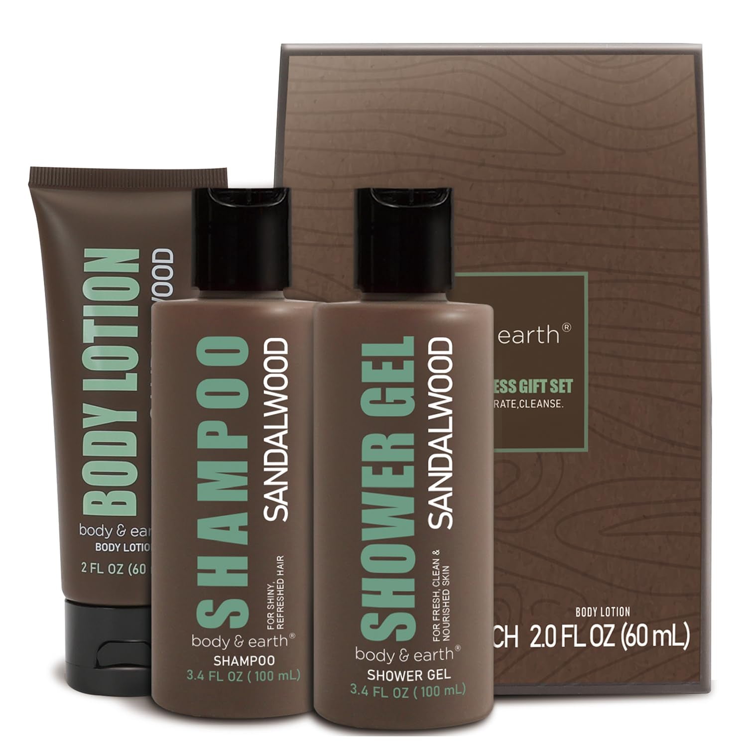 Gift for Men 3Pc Sandalwood Scented Mens Lotion Care Package for Men Gifts for Him Bath Set Gift Sets for Man Christmas Gifts for Husband Travel Size Toiletries for Man