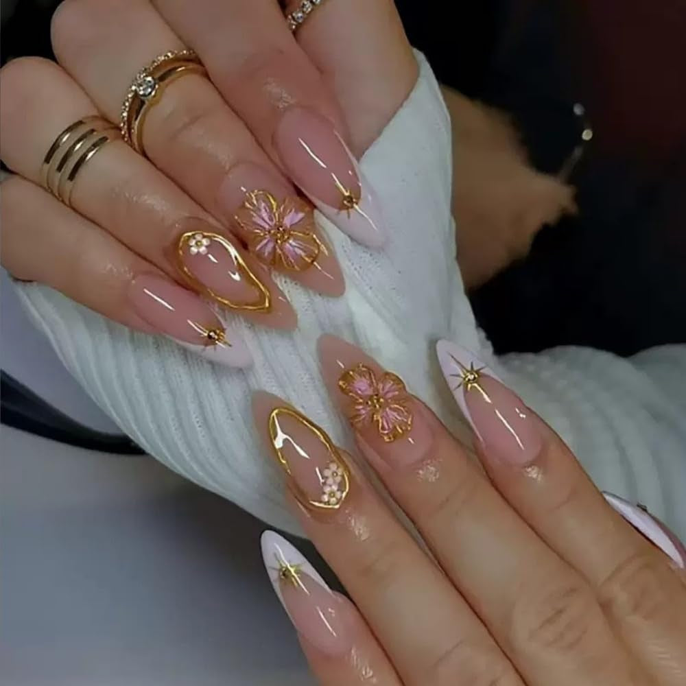 Black Press on Nails Medium Almond Fake Nails Matte False Nails Press Ons with Designs French Tip Acrylic Full Cover Glue on Nails Halloween Stick on Nail for Women Manicure 24 Pcs