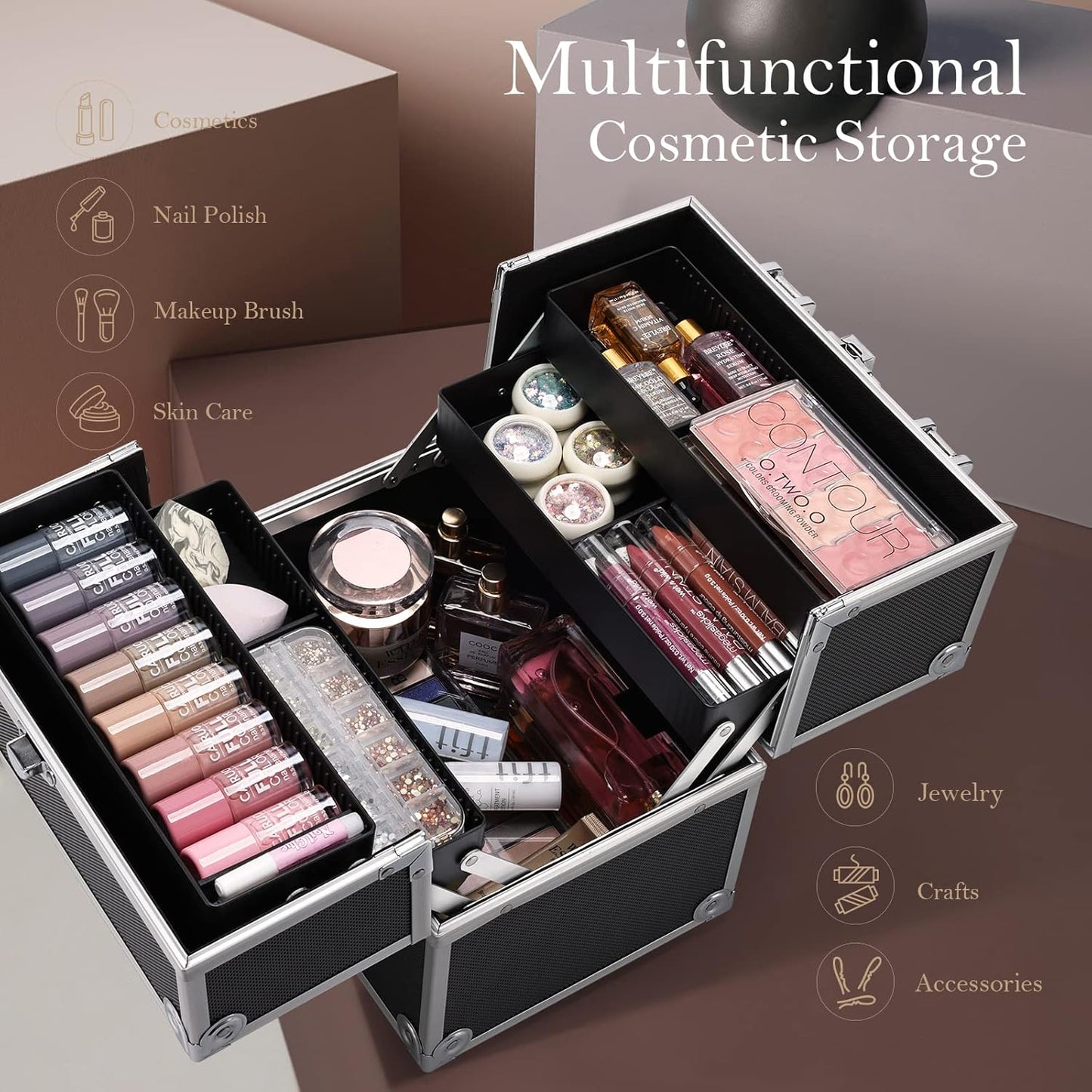 Makeup Train Case Cosmetic Organizer Case Professional Makeup Storage Box 4 Trays with Divider Lockable Travel Case Portable Travel Makeup Box for Makeup Artist, Carfter, Cosmetics Black