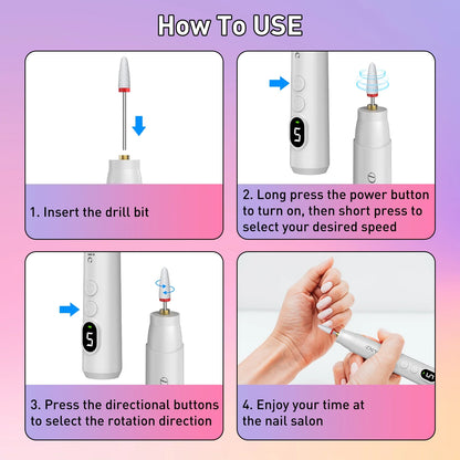 Electric Nail Drill Kit, Professional Cordless Nail Drill Nail File Manicure for Acrylic Gel Dip Powder Nails